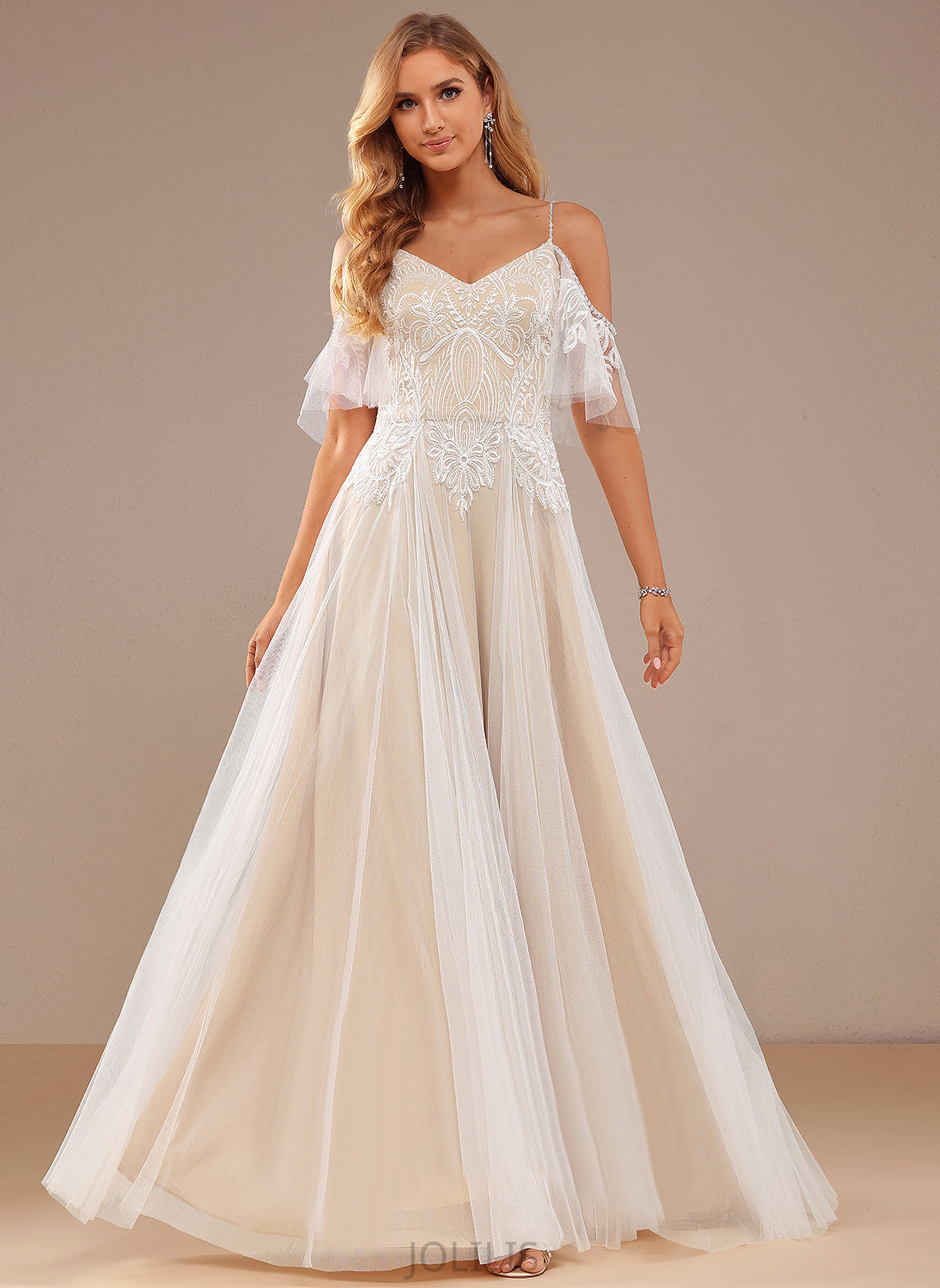 A-Line Floor-Length Tulle Alondra With Dress Beading Lace Wedding Dresses Sequins Wedding Lace Ruffle V-neck