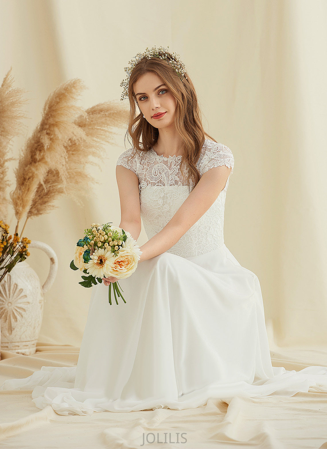 Floor-Length Chiffon Wedding Dresses Lace Dress Scoop Wedding A-Line Angela