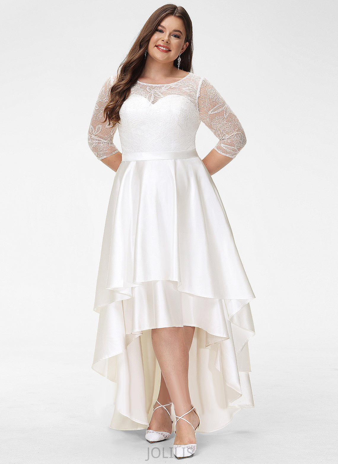 Asymmetrical Satin Wedding Dresses Lace A-Line Karla Wedding Scoop Dress