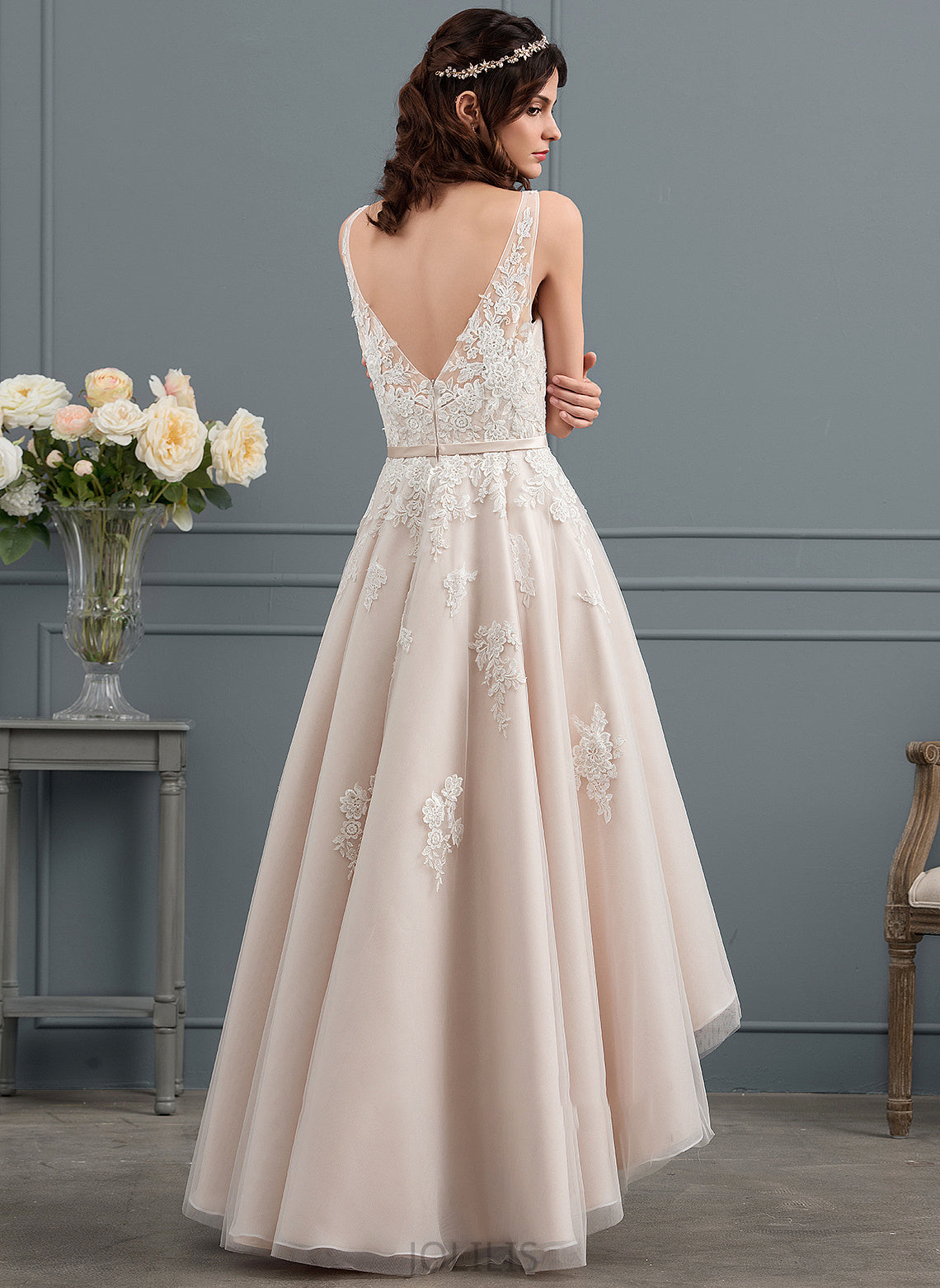 Bow(s) Tulle Dress Wedding Dresses With A-Line Camilla Lace Wedding Asymmetrical V-neck