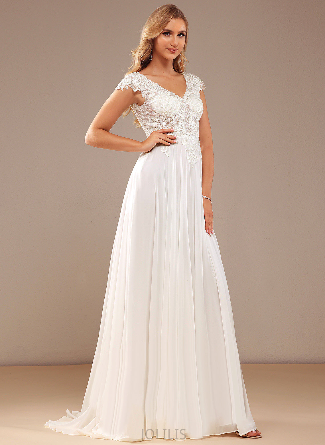 Wedding Dress With A-Line Wedding Dresses Lace Chiffon Sweep V-neck Lace Karen Train