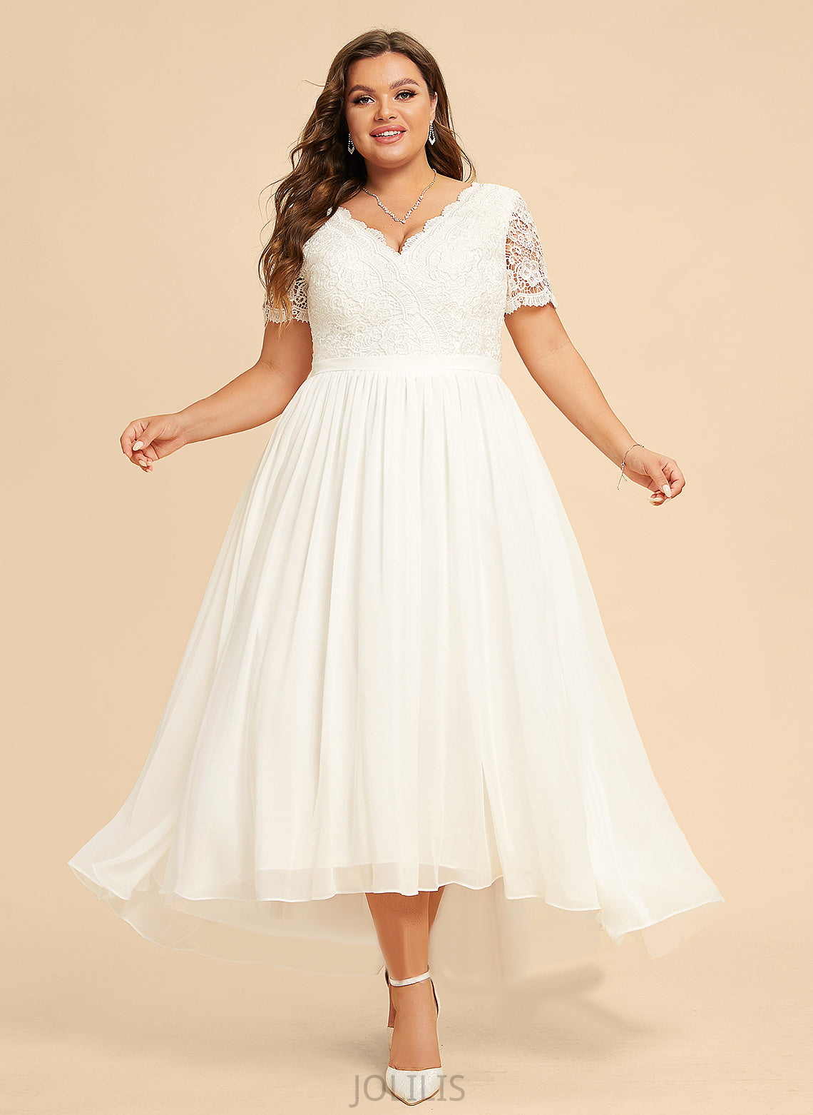 Asymmetrical Dress Wedding A-Line Juliet Wedding Dresses With Chiffon V-neck Lace