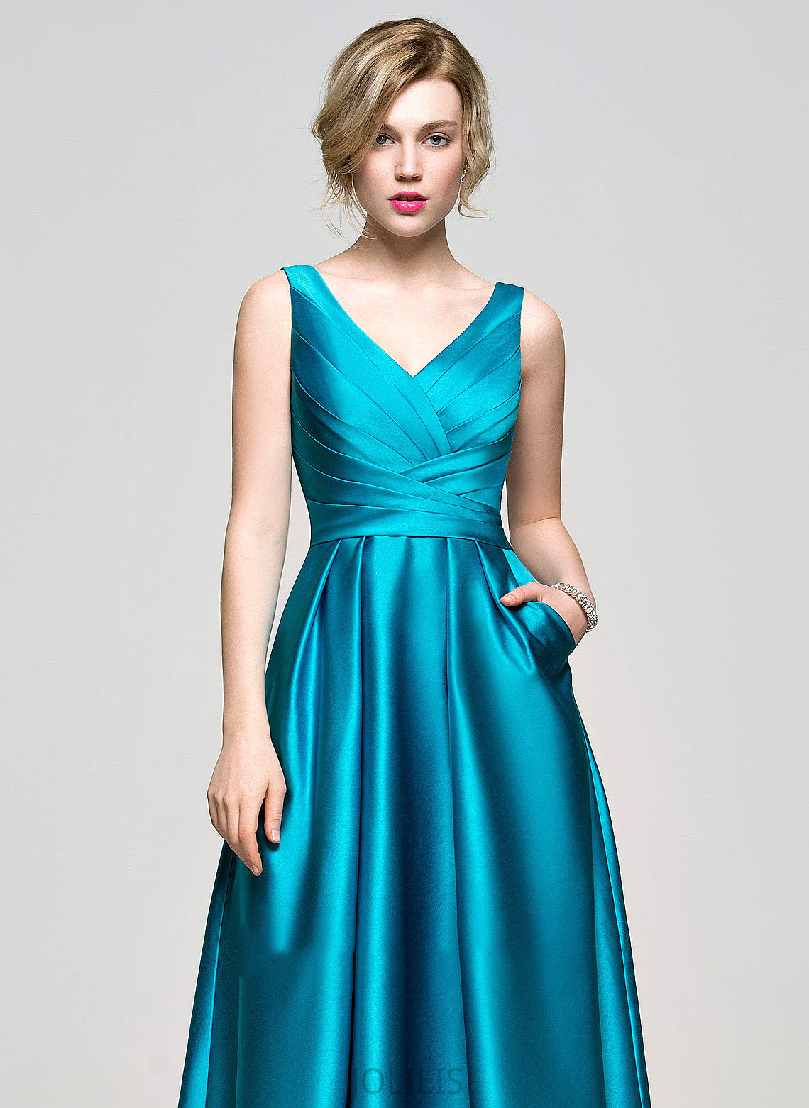 Ball-Gown/Princess V-neck Ruffle Pockets Satin With Floor-Length Neveah Prom Dresses