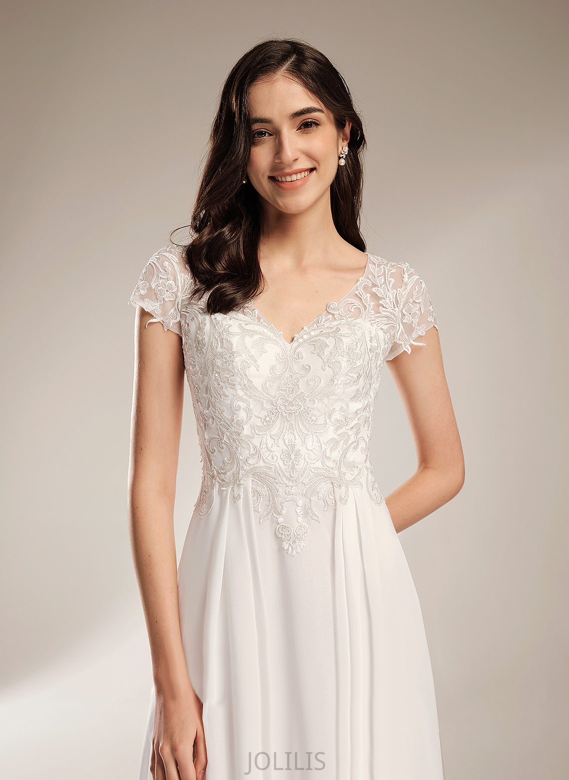 Chiffon Dress Lace Asymmetrical Wedding Dresses V-neck Lillianna Wedding A-Line