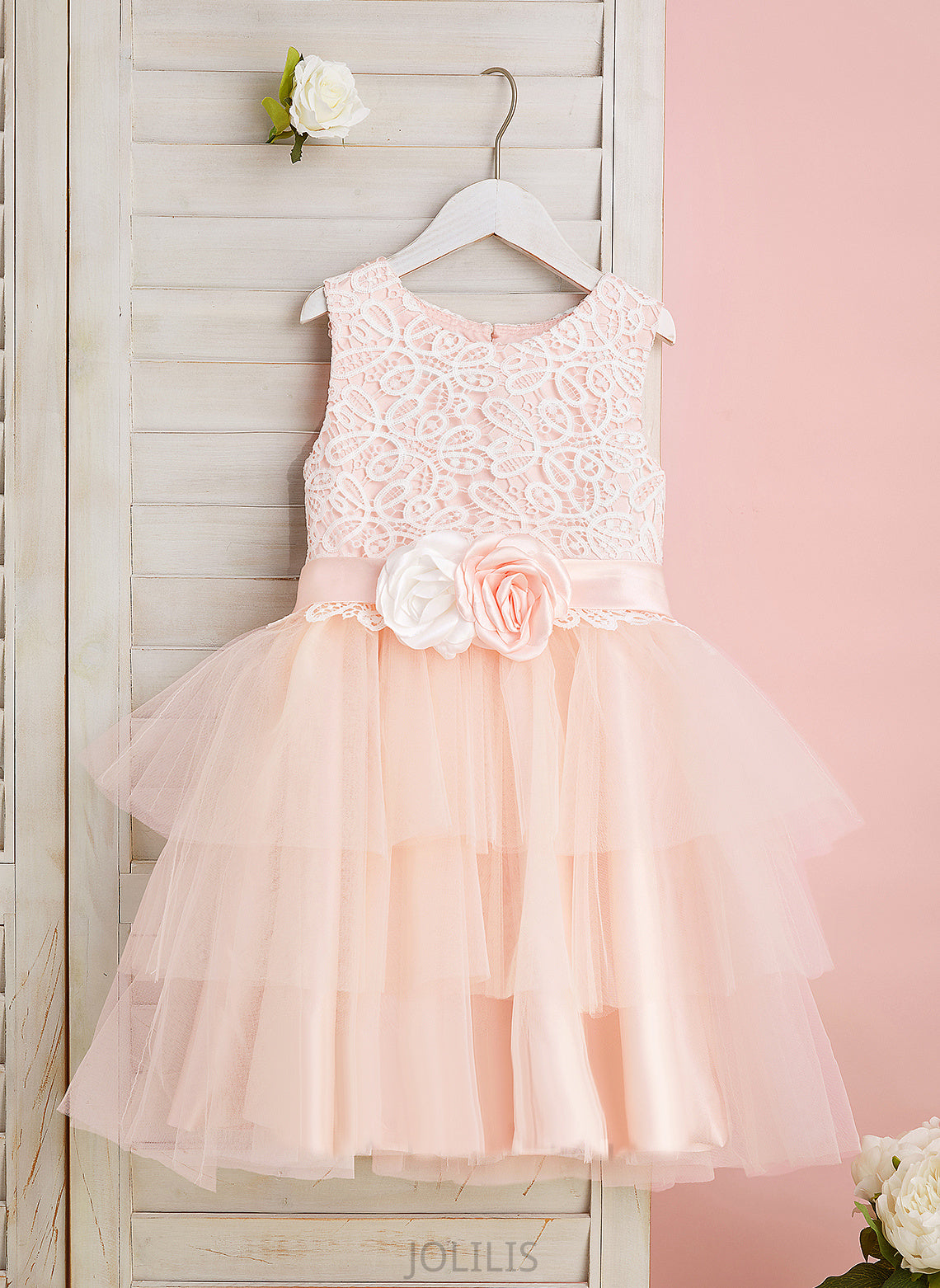 '- Scoop Satin/Tulle Lace/Flower(s)/Back With Dress Girl Flower Hole Undine Flower Girl Dresses Knee-length Sleeveless Ball-Gown/Princess Neck