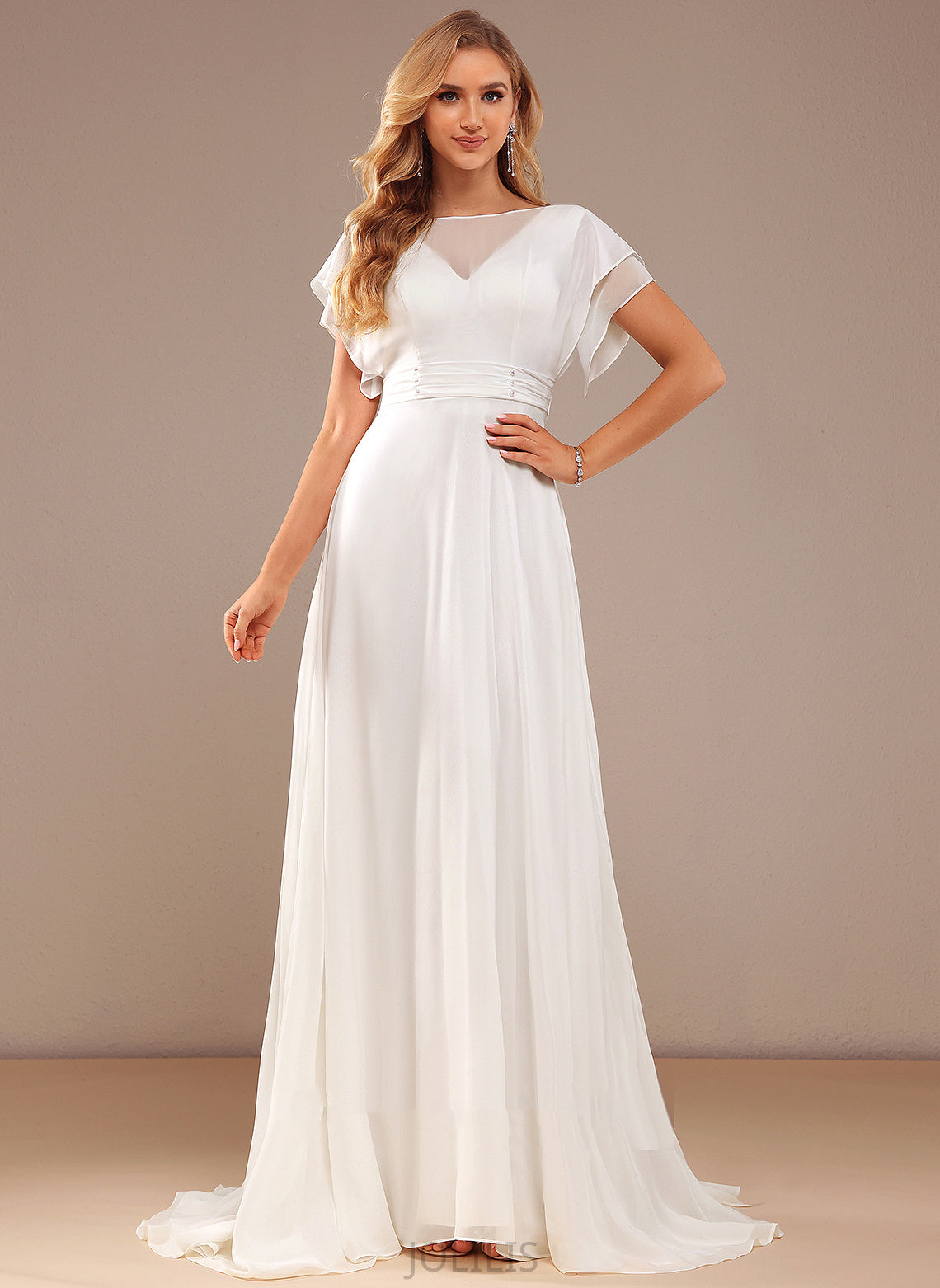 Dress With Wedding Neck Nataly Chiffon Wedding Dresses Train Beading Sweep Scoop A-Line