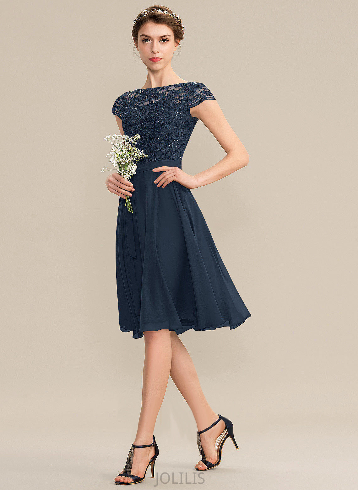 Lace A-Line Chiffon With Scoop Homecoming Dress Knee-Length Bow(s) Eliana Neck Homecoming Dresses