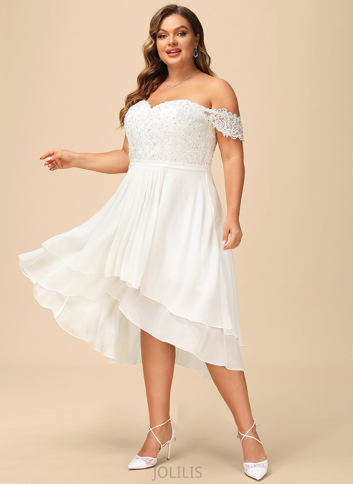 Wedding Dresses Dress Sequins Aliyah Asymmetrical Off-the-Shoulder With Lace Wedding Chiffon Beading A-Line