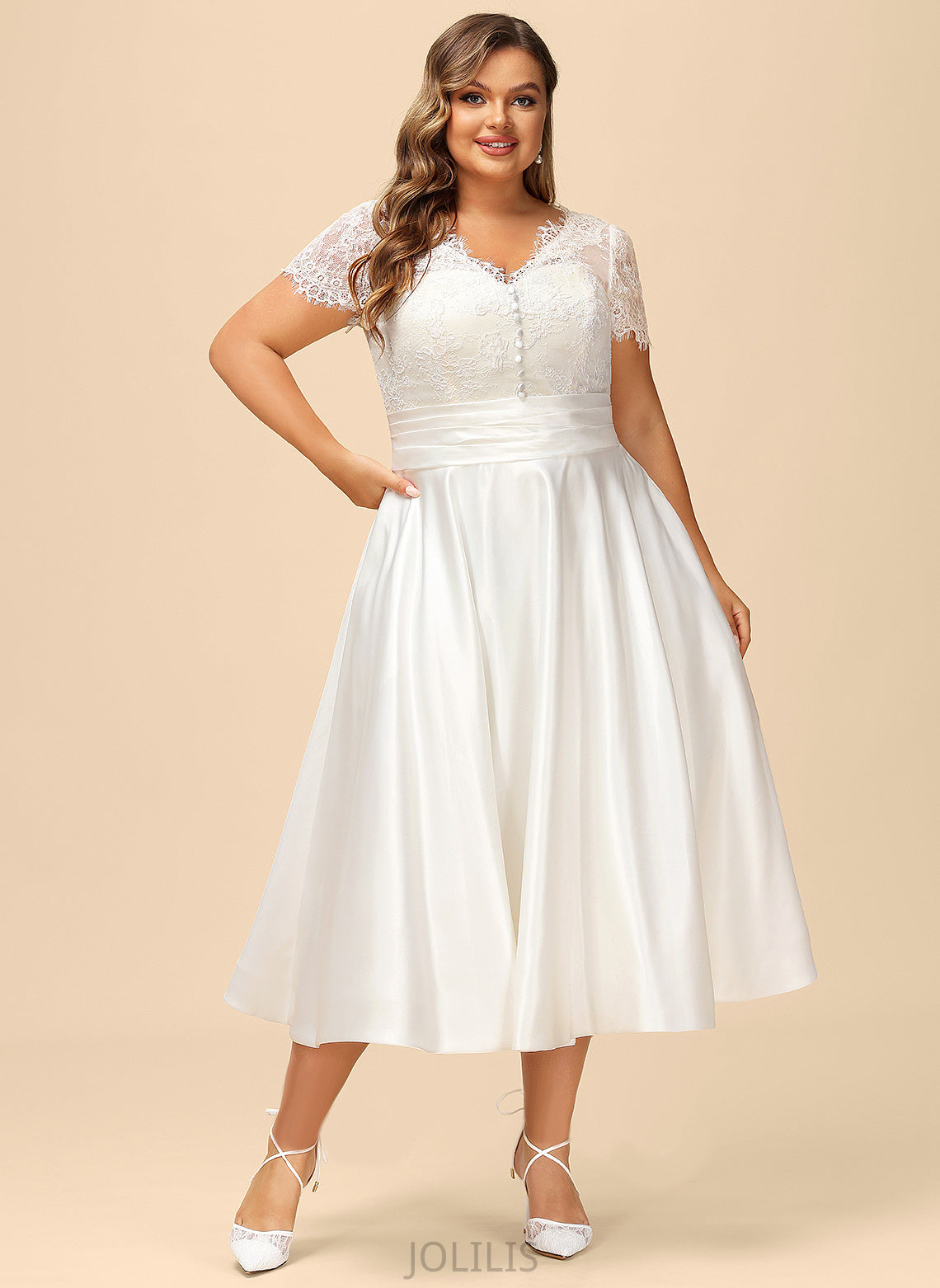 Dress Ruffle Margery A-Line Satin V-neck With Tea-Length Wedding Lace Wedding Dresses