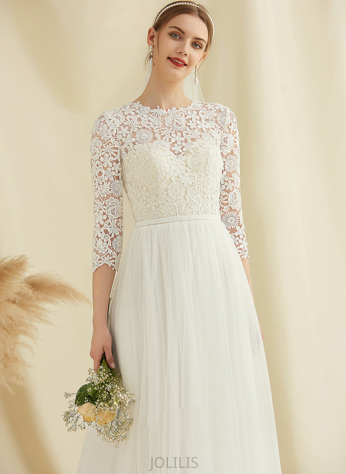 A-Line Wedding Dress Train Sweep Tulle Wedding Dresses Peggie Lace