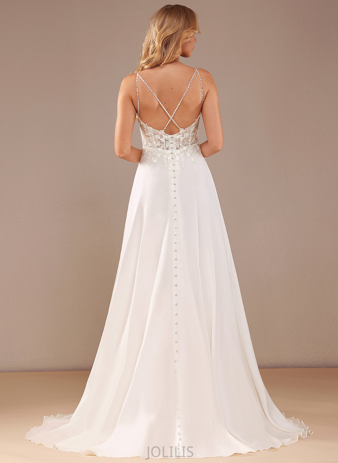 A-Line V-neck Lace Feather With Sequins Wedding Dresses Pockets Chiffon Court Dress Wedding Train Julianna Lace Beading