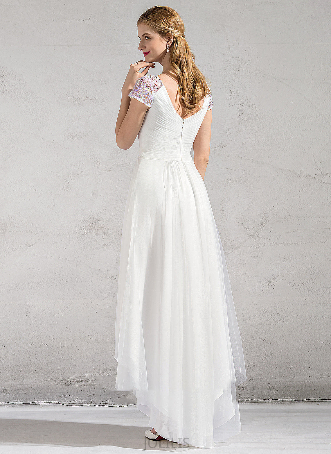 A-Line V-neck Asymmetrical Tulle Lacey Dress Ruffle Sequins Beading Wedding Dresses With Wedding