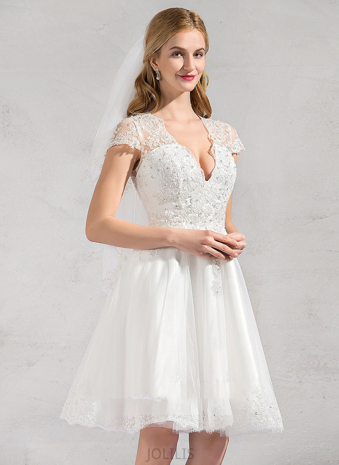 Beading Lace Wedding Aracely Appliques Wedding Dresses With Knee-Length Lace Sequins Tulle V-neck Dress A-Line