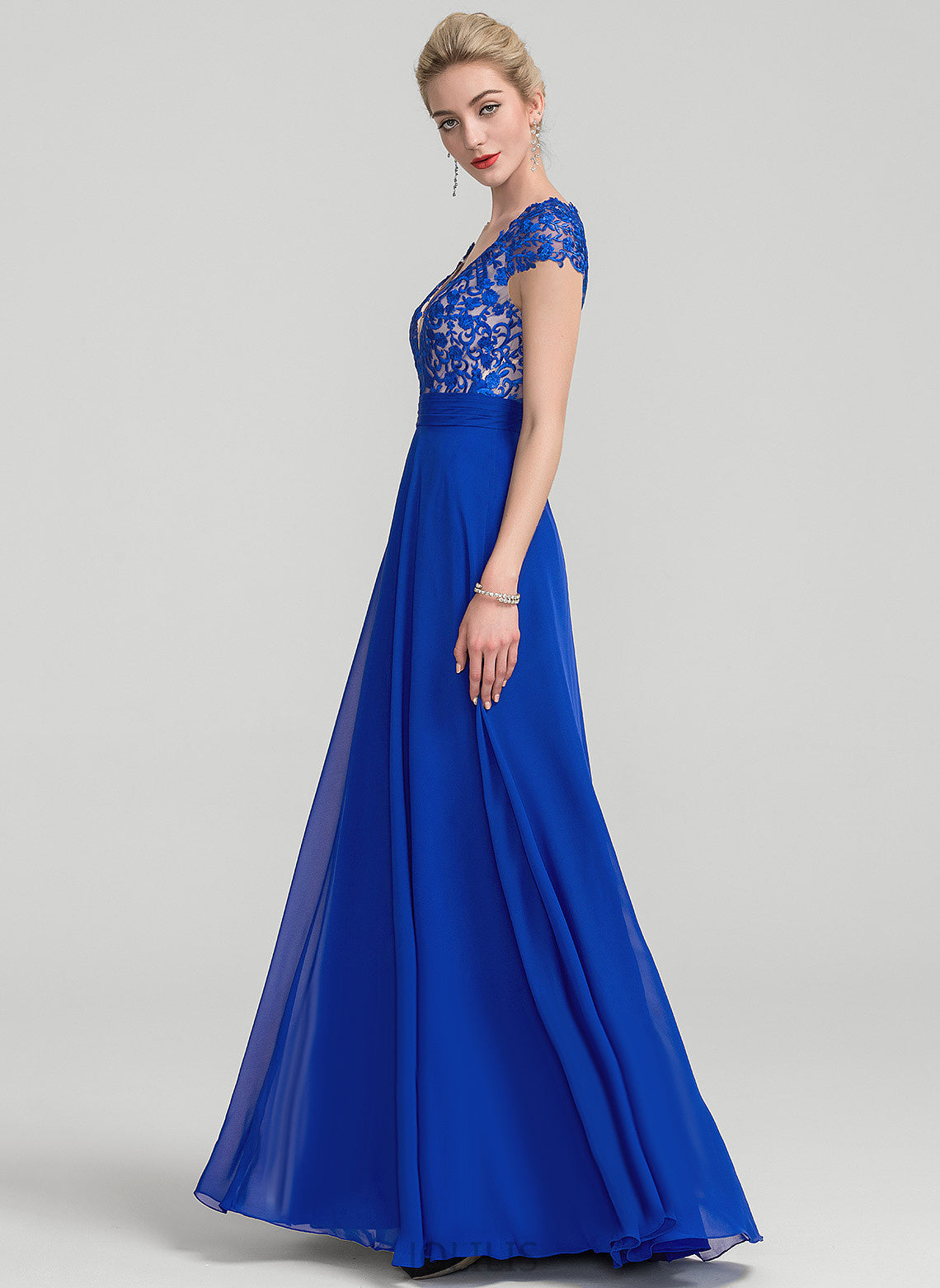 V-neck Prom Dresses Chiffon A-Line Floor-Length Laci Lace