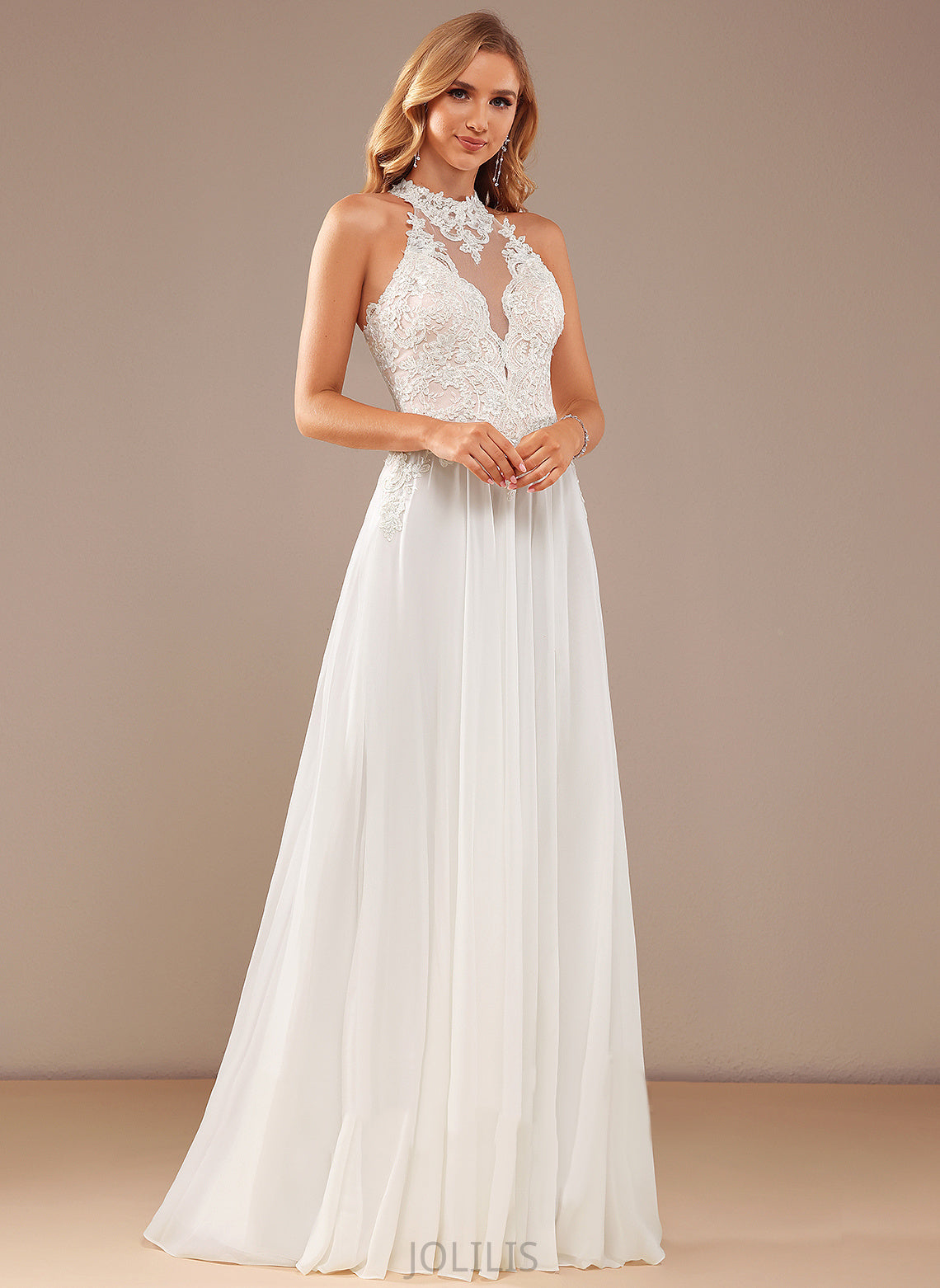 With High A-Line Sequins Chiffon Wedding Amira Beading Wedding Dresses Dress Neck Lace Floor-Length