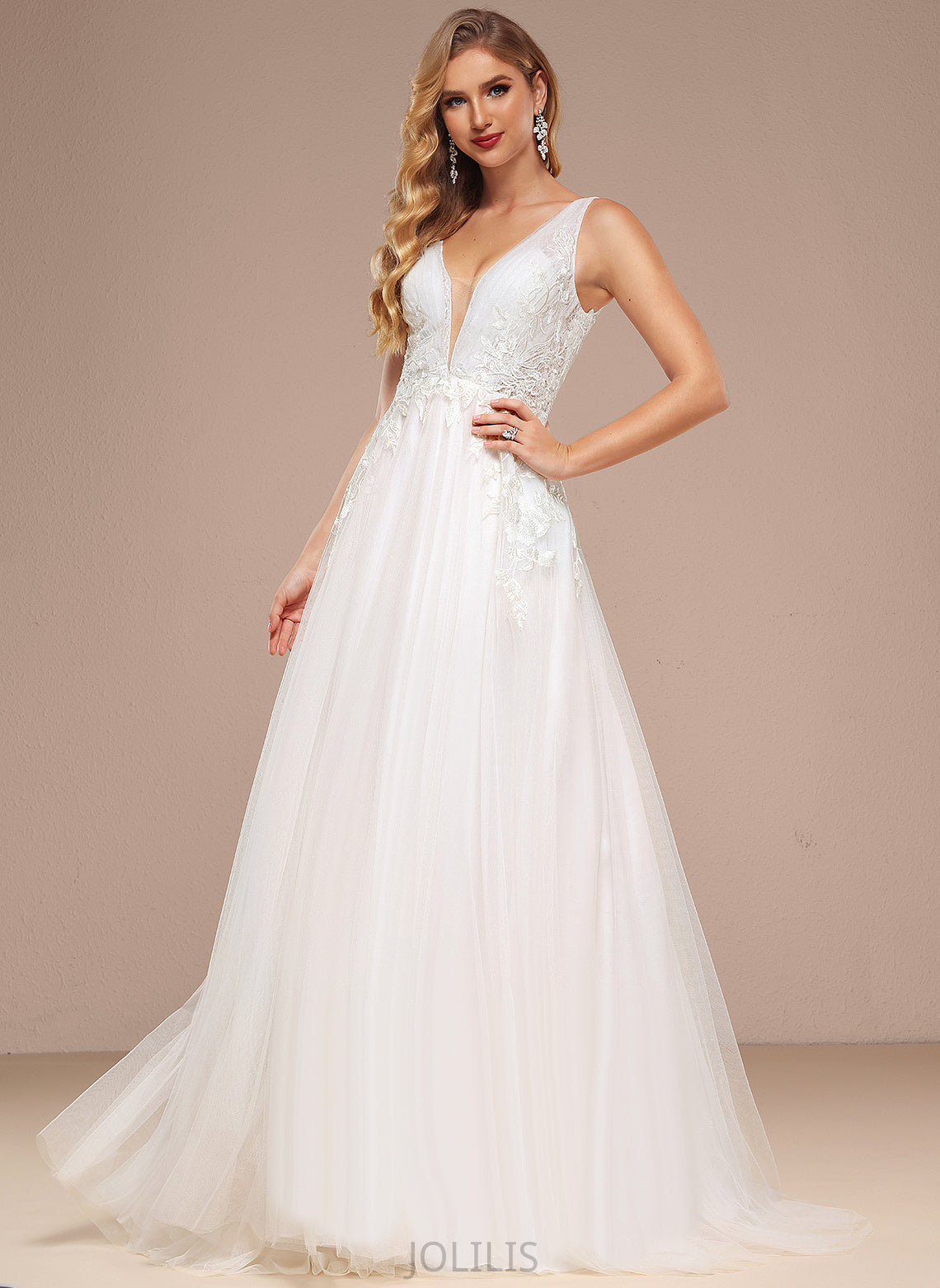 Wedding Dresses Kailey Sweep Wedding Dress With Train A-Line V-neck Tulle Lace Sequins