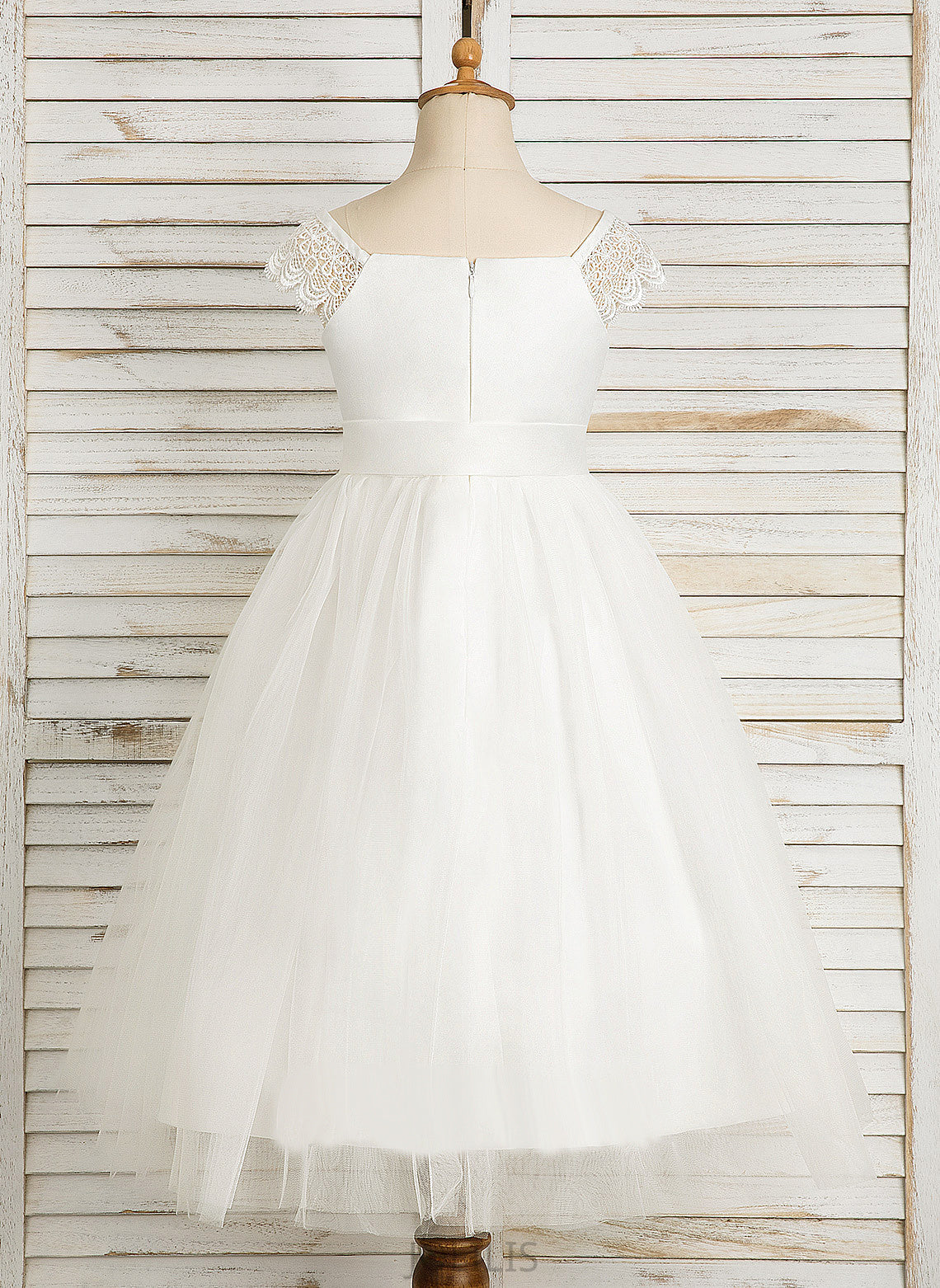 Lace/Sash Dress Sleeveless Girl Flower Girl Dresses Neckline Satin/Tulle A-Line - Square With Flower Christina Tea-length