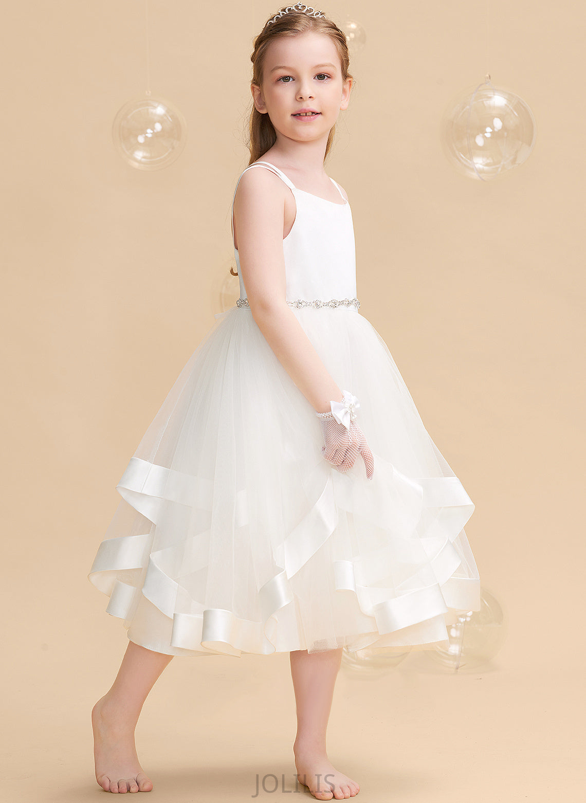 Straps A-Line Girl - Satin/Tulle Beading Flower Dress Tea-length Sleeveless Flower Girl Dresses Emery With