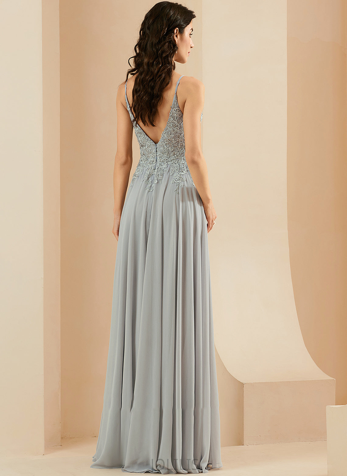 Sequins Lace Jemima Floor-Length With Split Front Chiffon V-neck Prom Dresses A-Line