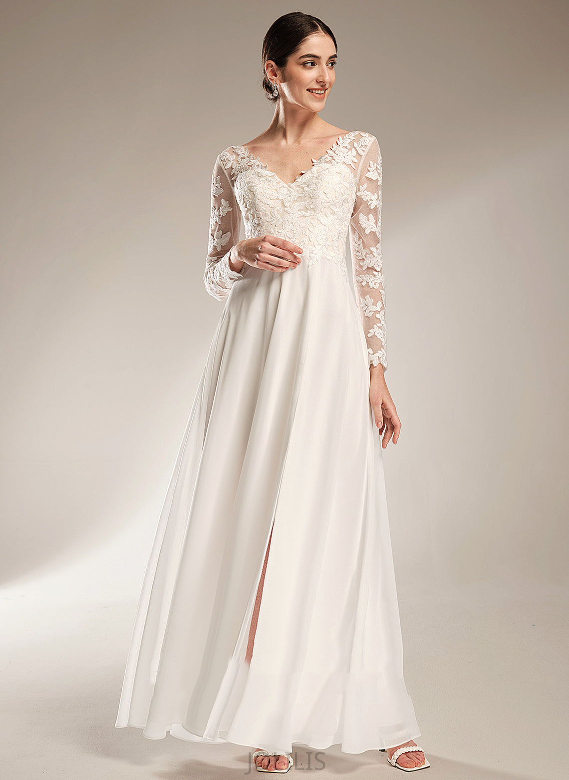 Wedding Dresses Split A-Line Lace V-neck Front Wedding Addyson With Floor-Length Chiffon Dress