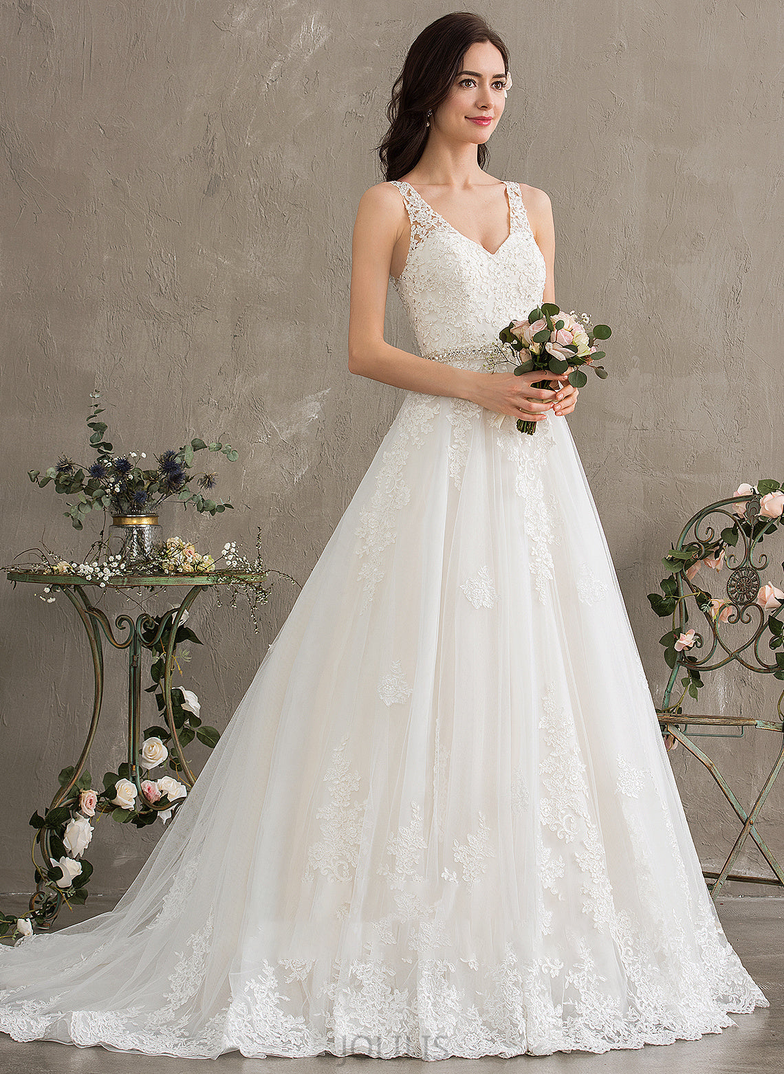 Court Sequins V-neck Amina Dress Wedding Dresses Beading Tulle Wedding With Ball-Gown/Princess Train