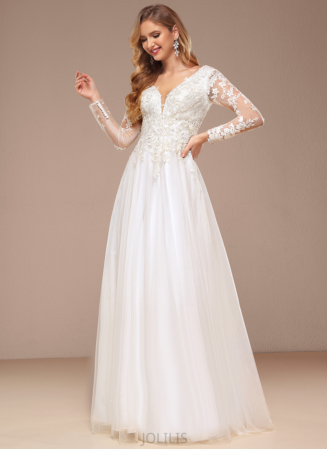 Wedding Dresses A-Line Wedding Lace Beading Dress With V-neck Abril Floor-Length Tulle Sequins