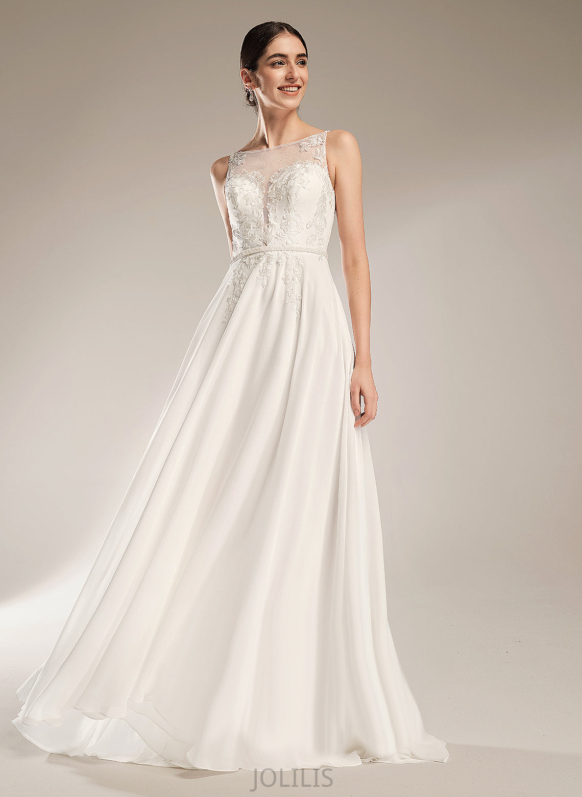 Train Chiffon Dress Sequins A-Line Lace Wedding Illusion With Ximena Sweep Wedding Dresses