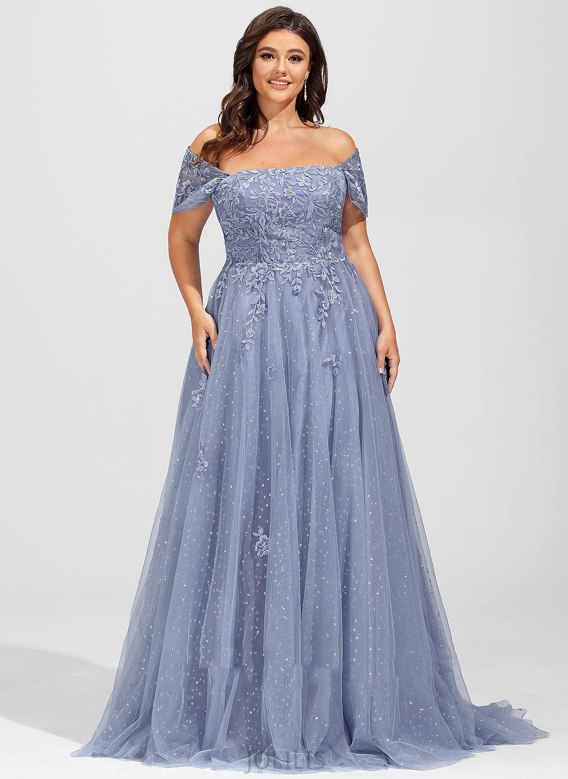 Tulle Ball-Gown/Princess Sweep Train With Jaylen Lace Prom Dresses Sequins Off-the-Shoulder