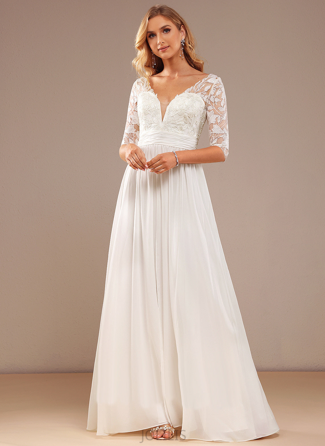 Wedding Dresses Sequins A-Line Lace Wedding With Lace Floor-Length Haleigh Dress Ruffle Chiffon V-neck