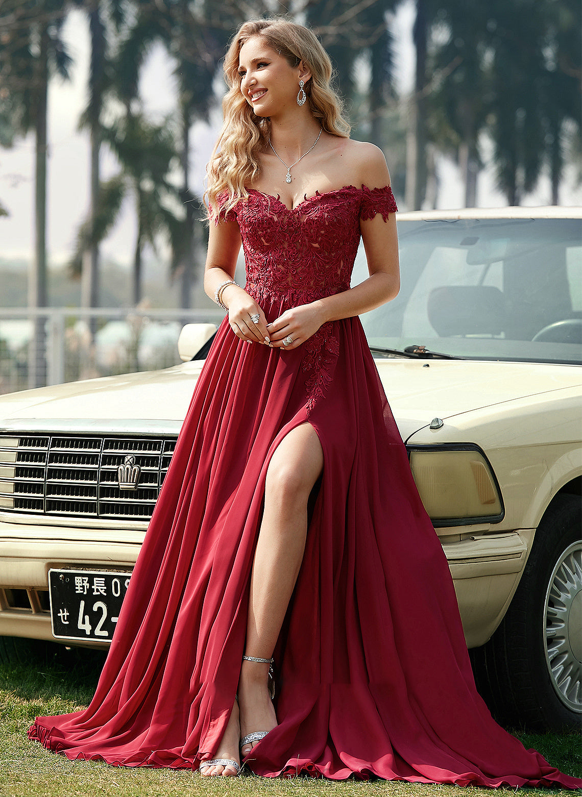 Adelyn Sweep Prom Dresses With A-Line Lace Train Sequins Off-the-Shoulder Chiffon