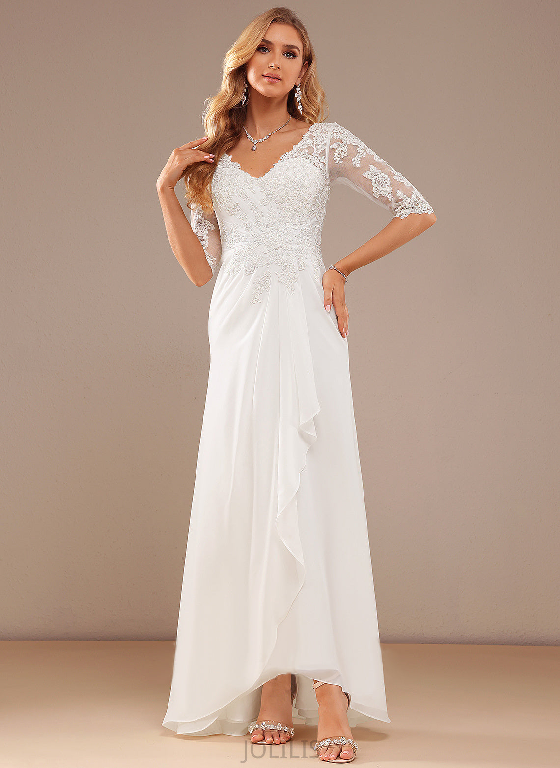 Lace Ruffle A-Line Asymmetrical Wedding Dresses Chiffon Dress Wedding Destiny With V-neck