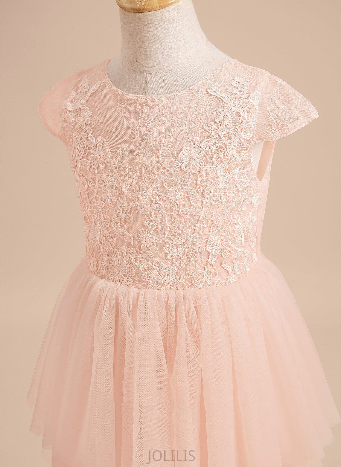 Knee-length Scoop Neck Girl With Back Sleeves - Lace/V A-Line Tulle Monique Flower Girl Dresses Flower Dress Short