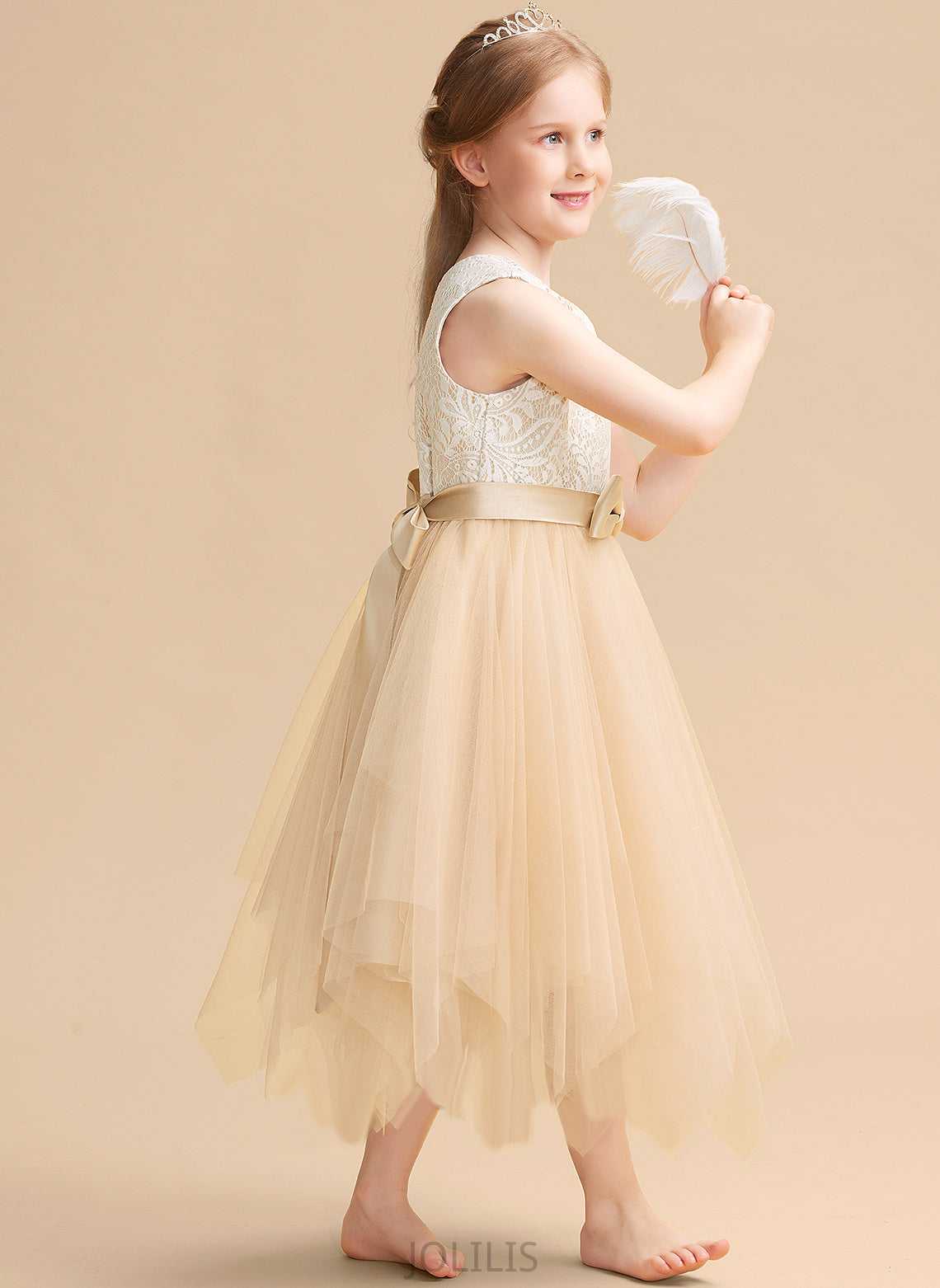 Neck A-Line Scalloped - Lace/Bow(s) With Tea-length Tulle Flower Girl Dresses Lucile Flower Girl Sleeveless Dress