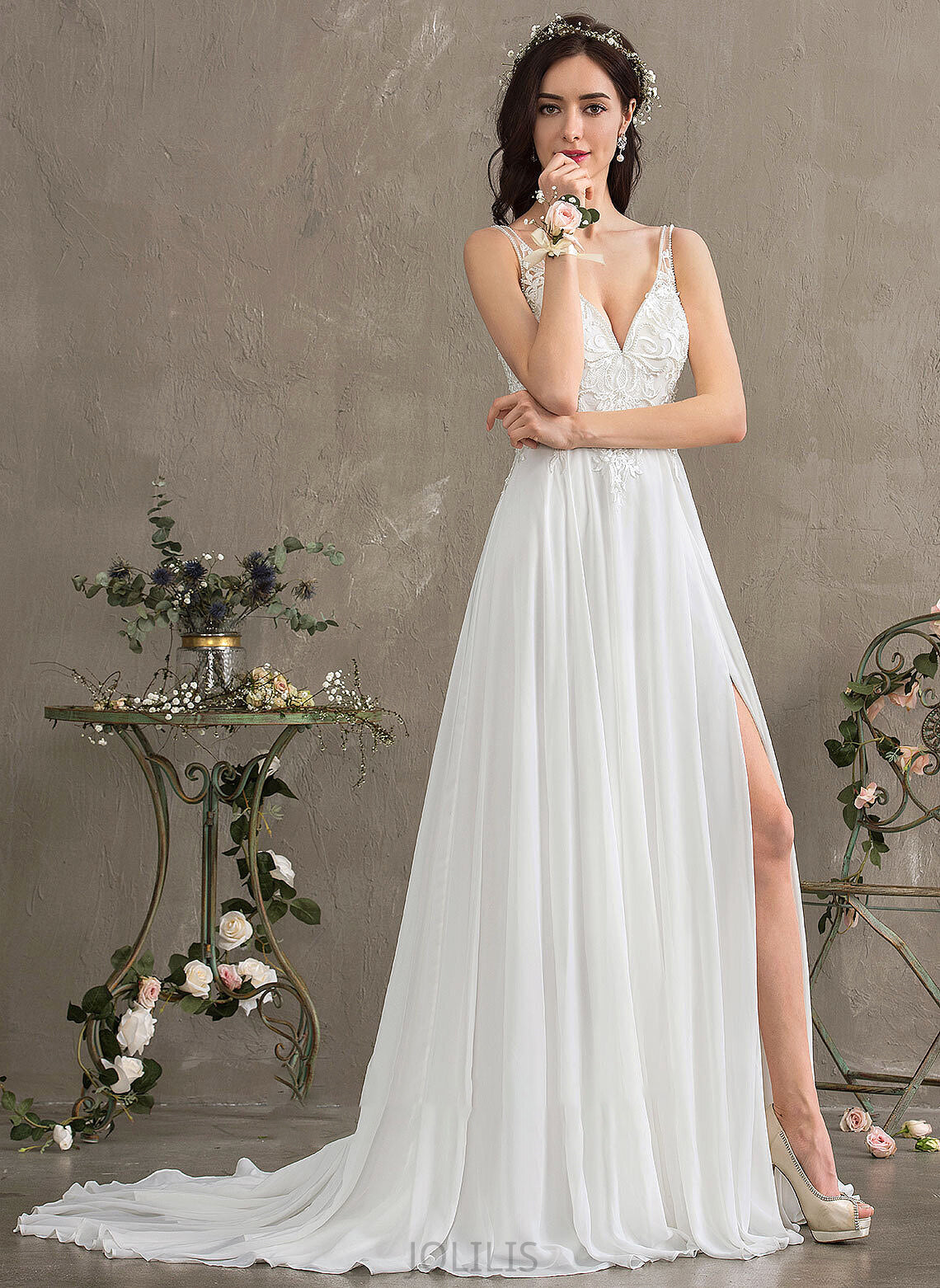 Beading Wedding V-neck A-Line Split Dress Sweep Train Kaliyah Sequins Wedding Dresses With Chiffon Front