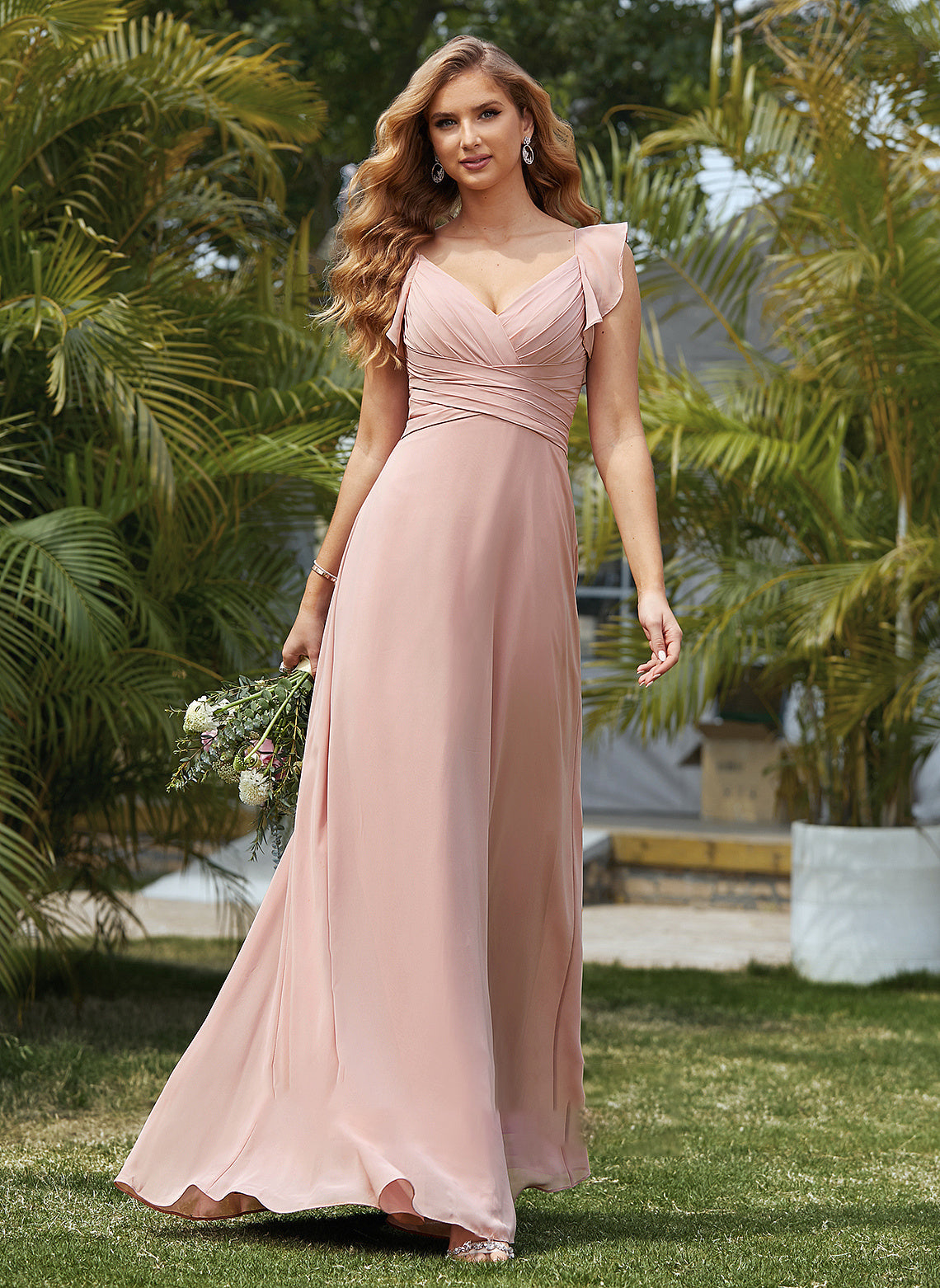 Empire Cascading Ruffles Floor-Length Chiffon V-neck Kathy With Prom Dresses