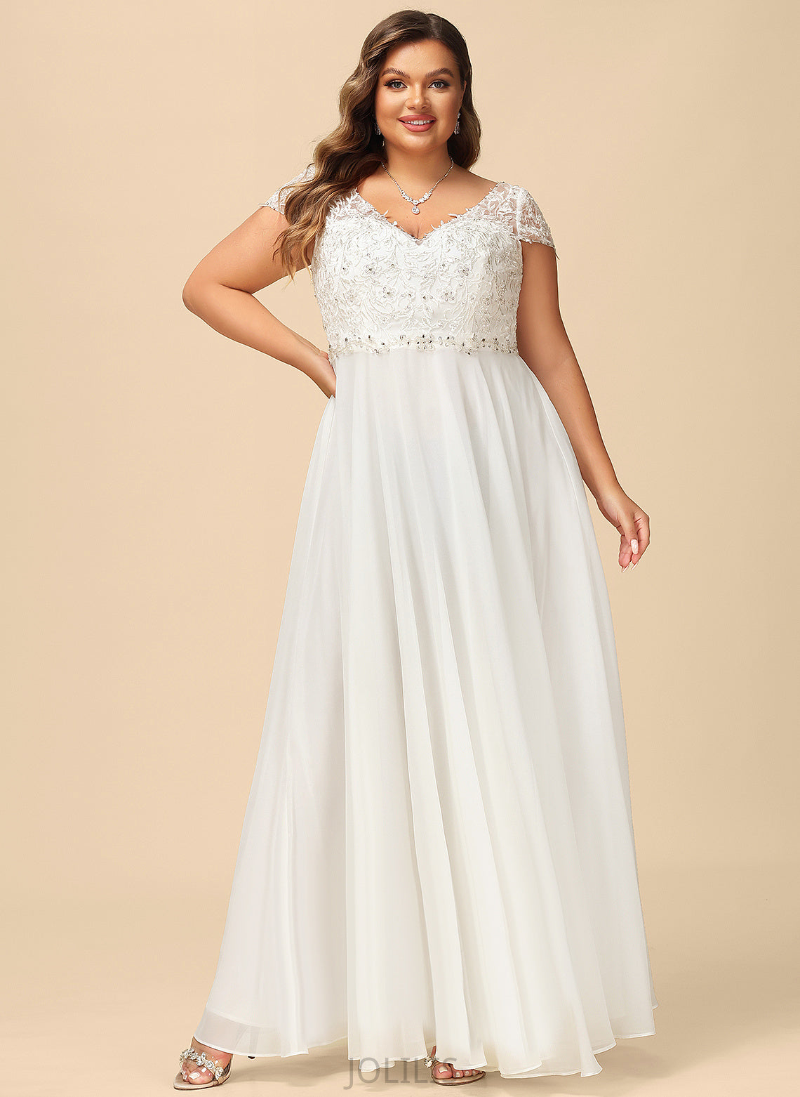 Dress Floor-Length Lace Beading Joanna Chiffon Wedding Wedding Dresses With V-neck Sequins A-Line