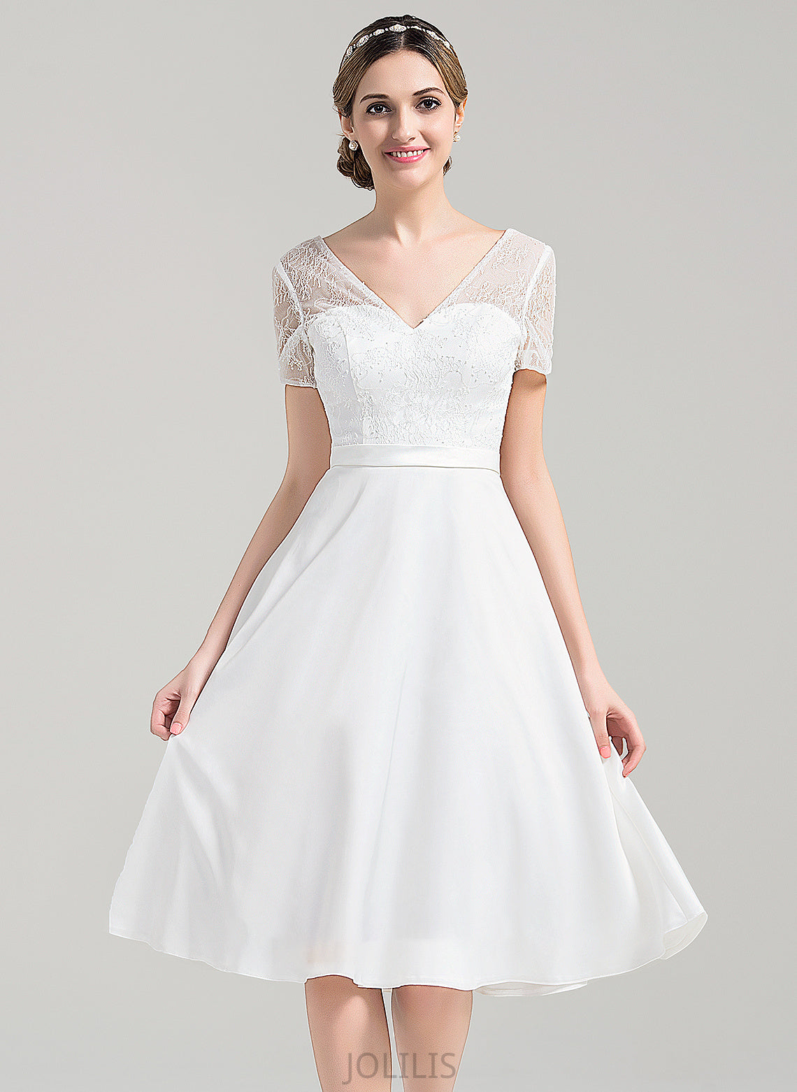 V-neck Wedding Ximena Dress Knee-Length Wedding Dresses Satin A-Line