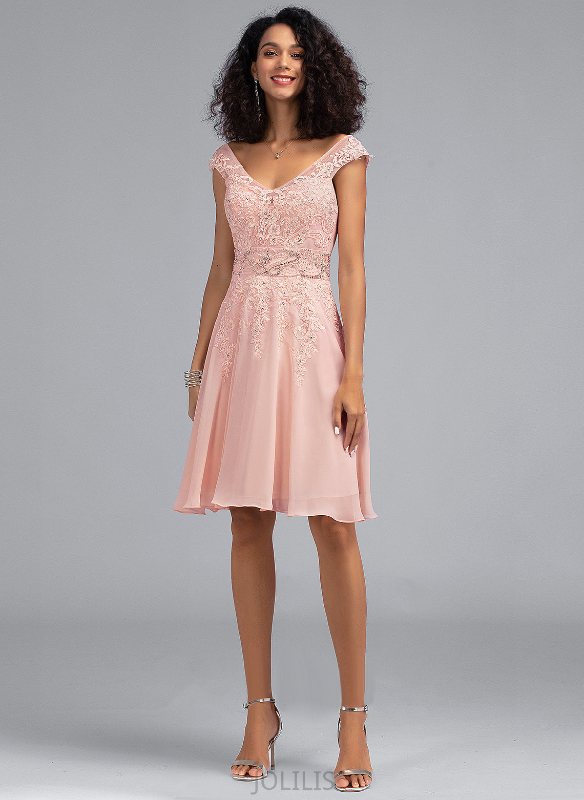 Homecoming Dresses Chiffon Lace V-neck Knee-Length Dress Homecoming With Novia A-Line Beading