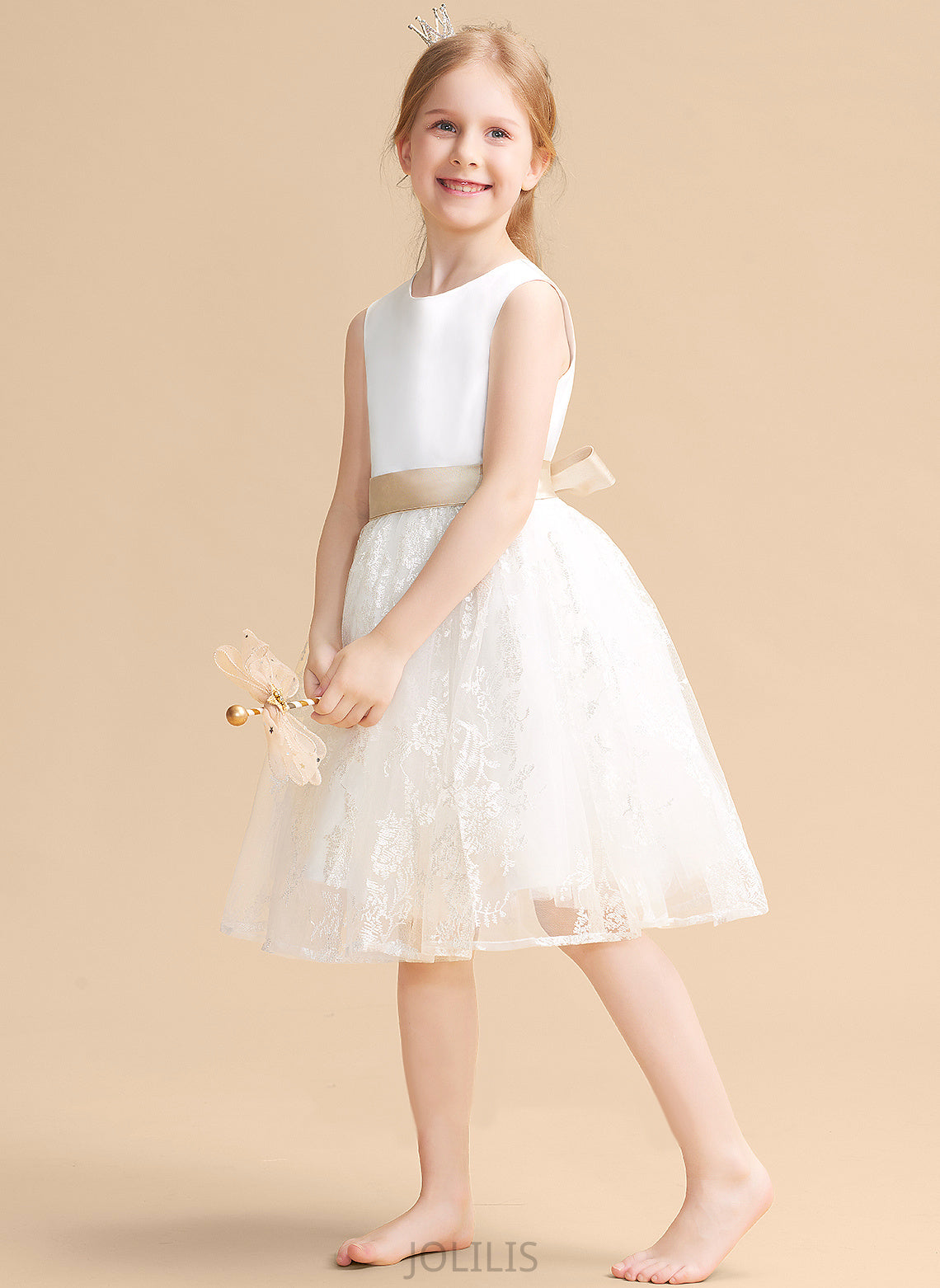 Sleeveless Dress Elaine With - Flower Sash Flower Girl Dresses Neck Knee-length Scoop A-Line/Princess Girl Satin/Lace