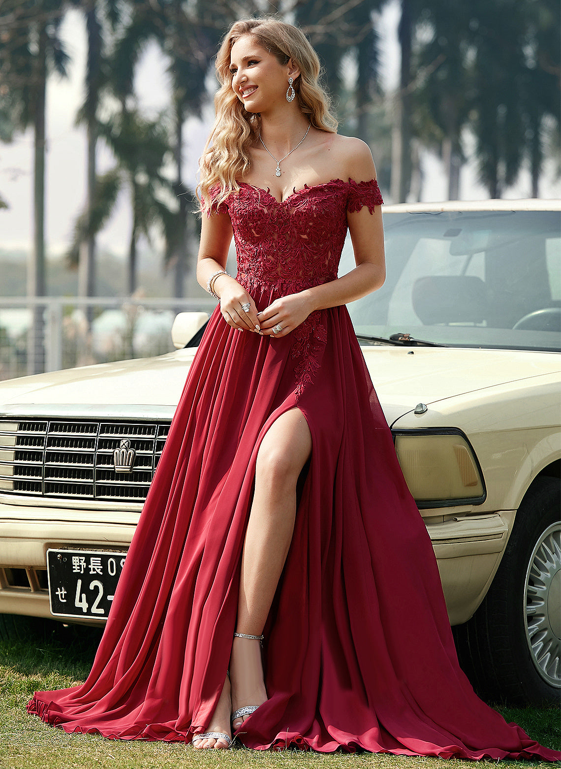 Off-the-Shoulder Train Janet With Sequins Prom Dresses Chiffon A-Line Sweep