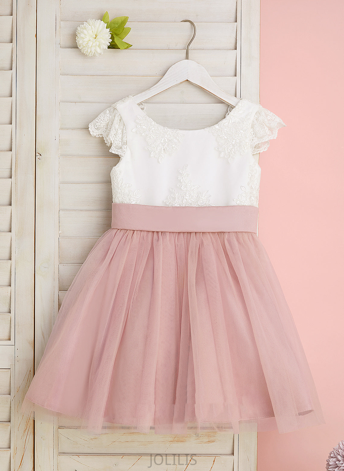 Lace/Bow(s) Scoop With Flower Brynn Neck Short Flower Girl Dresses A-Line Dress - Sleeves Tulle Knee-length Girl