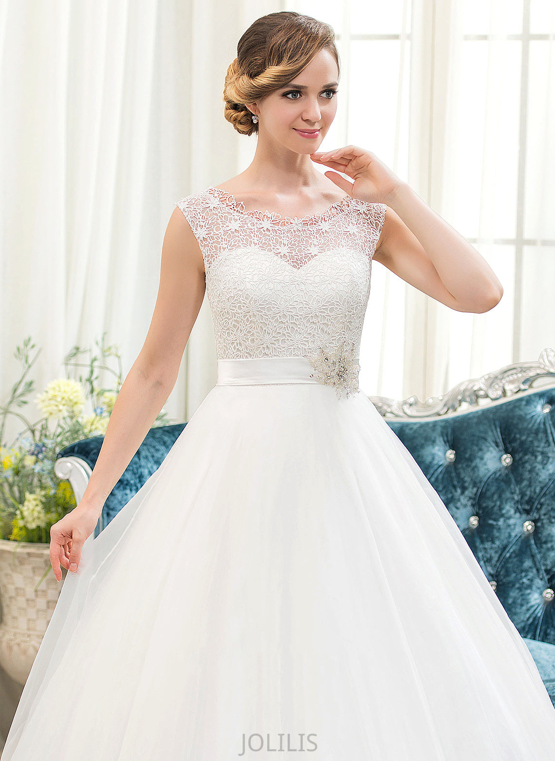 Sweep Mallory Train Scoop Neck Organza Ball-Gown/Princess Sequins Dress Wedding Lace Beading Wedding Dresses With