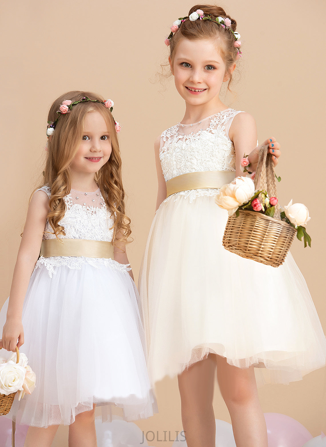 (Detachable Neck - Flower Girl Scoop Flower Girl Dresses Knee-length Tulle/Lace A-Line With Maryjane sash) Sleeveless Dress Sash/Beading/Back Hole