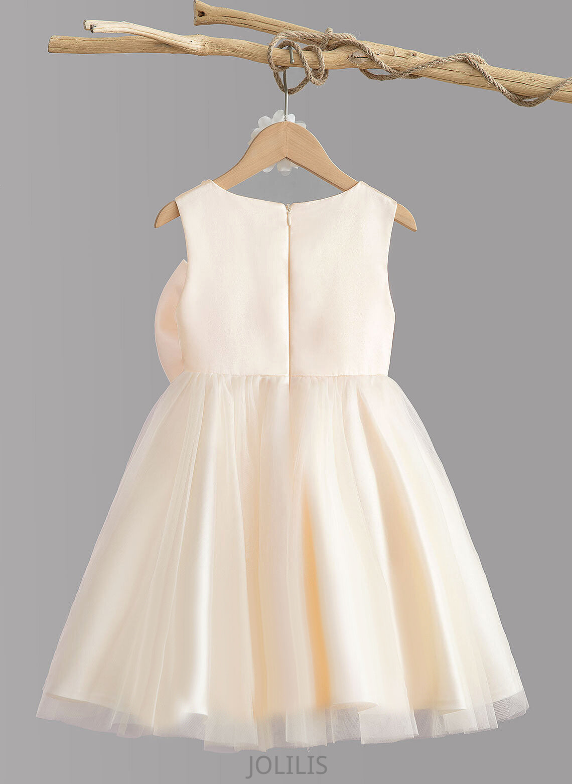 Beading/Bow(s) Girl Neck Sleeveless Knee-length Flower Dress A-Line Kelsie Satin With Flower Girl Dresses - Scalloped