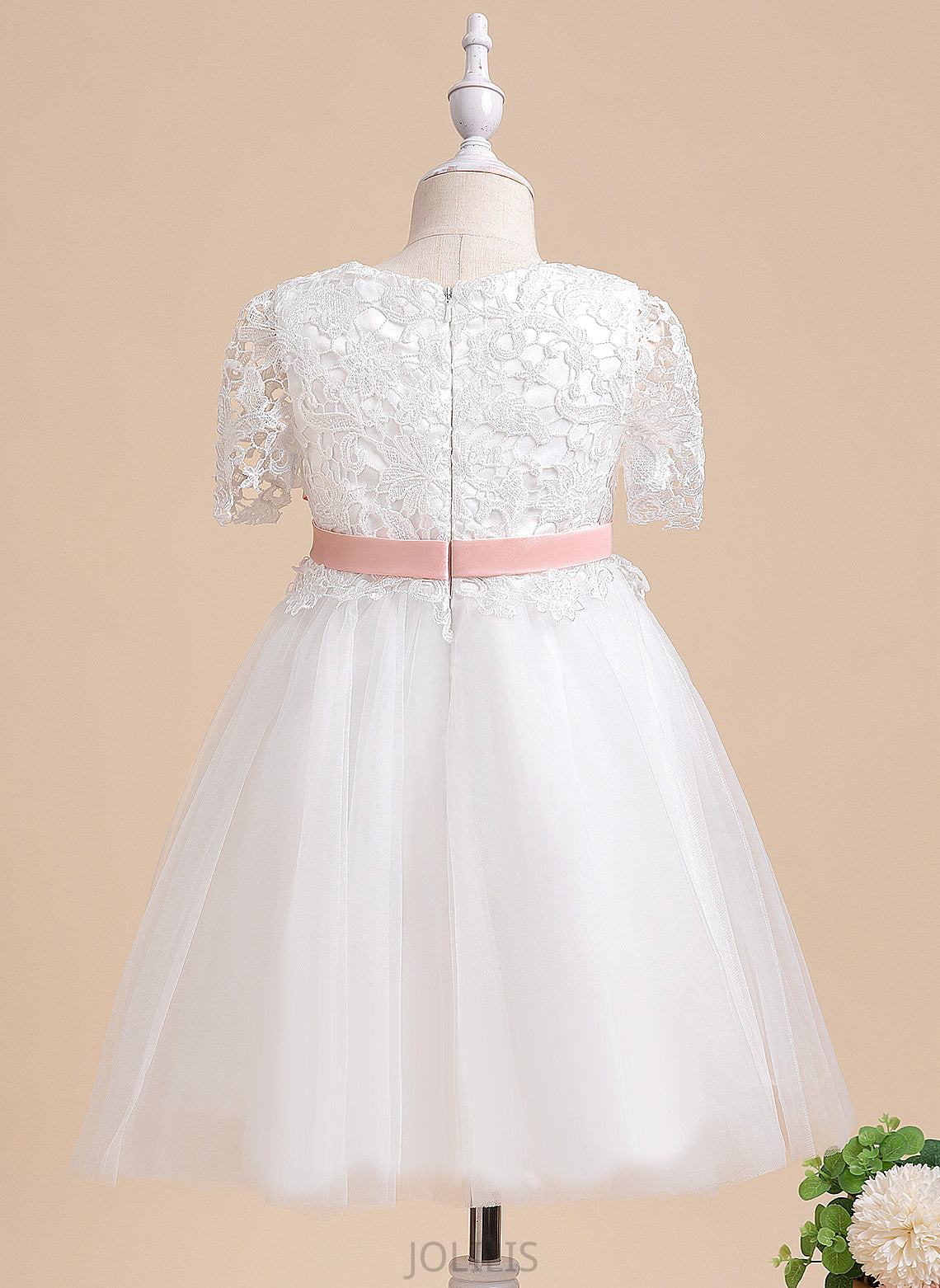 Scoop Karen Sleeves Knee-length Tulle/Lace With Neck Flower Girl Flower Girl Dresses Sash/Flower(s) - A-Line Short Dress