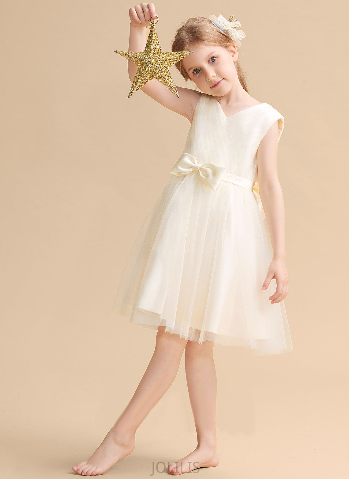 Knee-length - With Tulle A-Line Flower Girl Dresses Bow(s) Dress Flower Vicky V-neck Girl Sleeveless