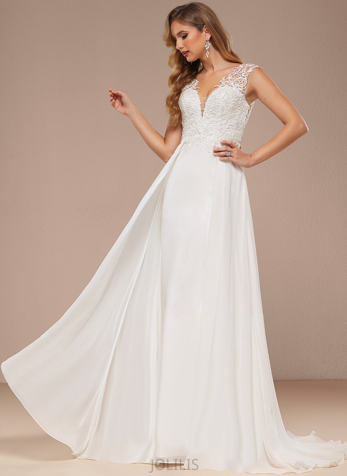 Chiffon Lace Train Wedding A-Line V-neck Tessa Wedding Dresses Sweep Dress