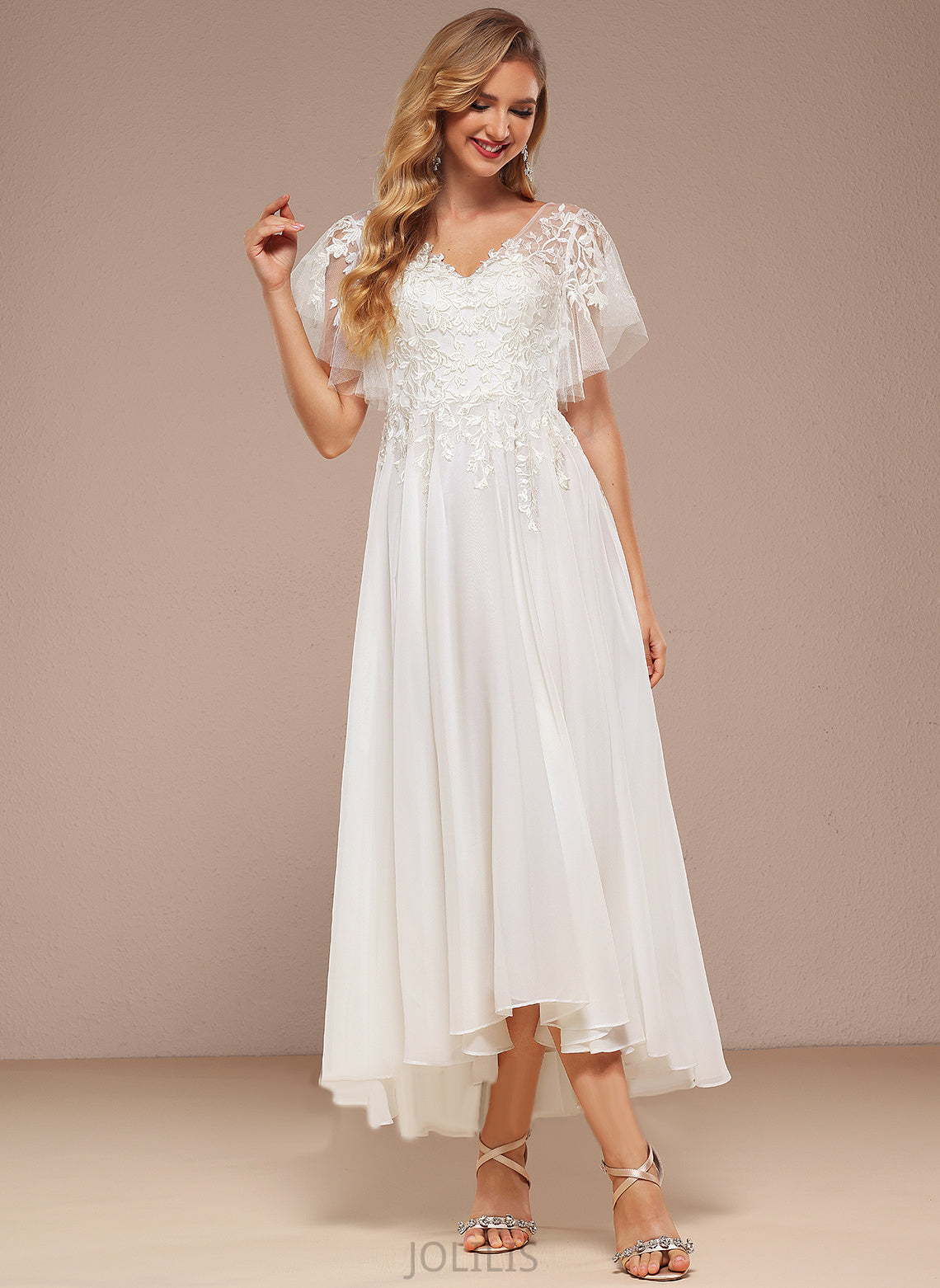 Lace With Tulle Wedding Dresses A-Line Dulce Dress Wedding Asymmetrical Ruffle V-neck