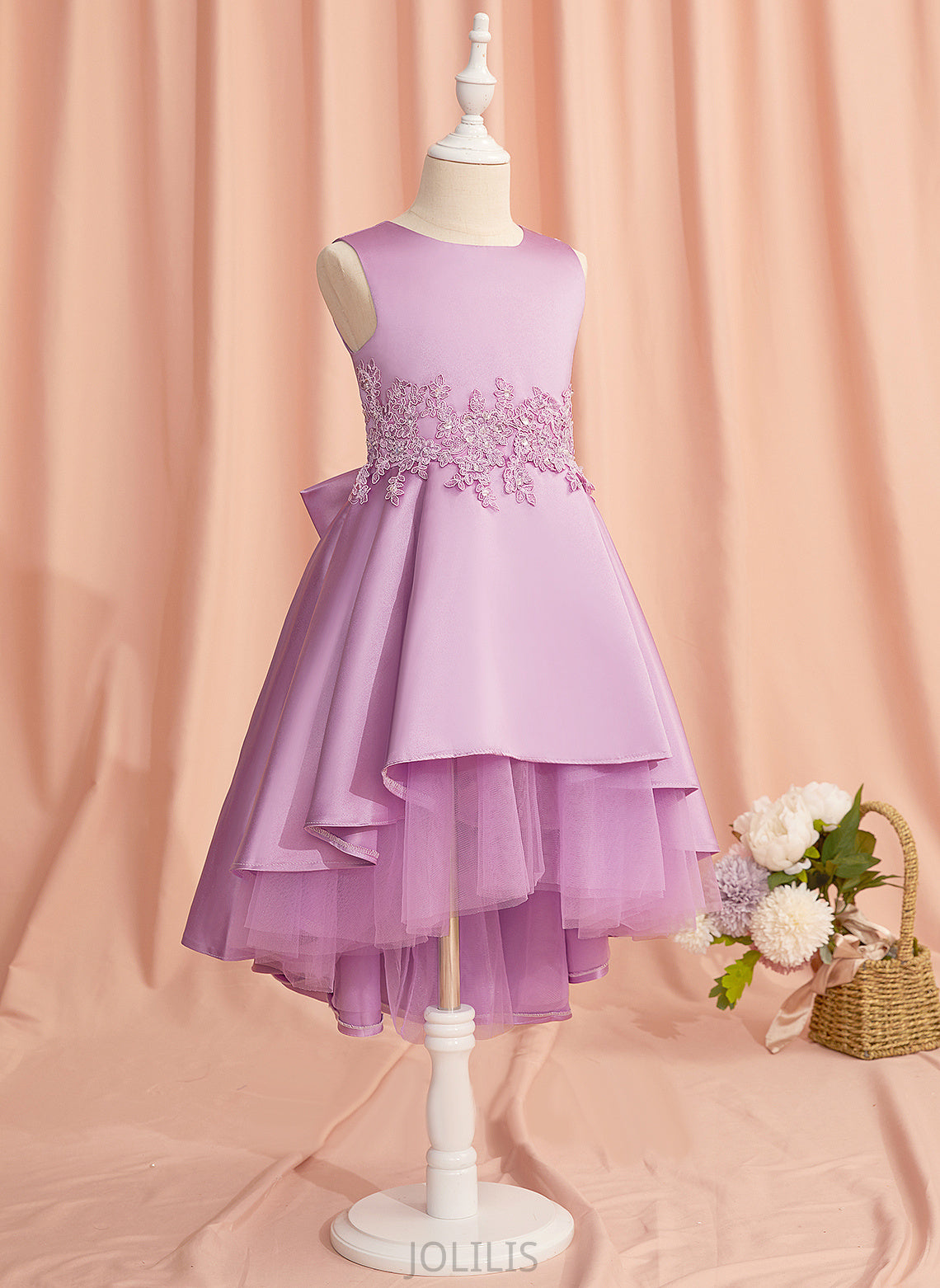 Flower Girl Dresses Sleeveless Flower With Girl Neck Scoop - A-Line Satin/Tulle Dress Lace/Beading/Bow(s) Pam Asymmetrical