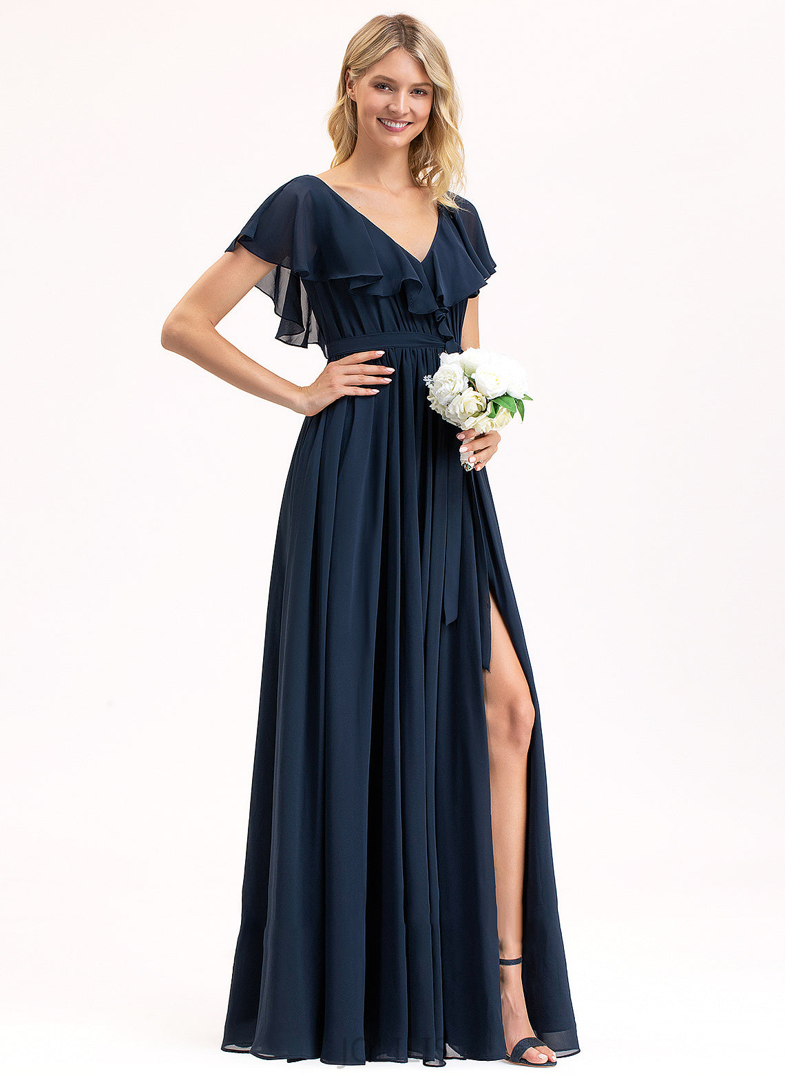 A-Line V-neck Mariela Cascading Bow(s) Chiffon Floor-Length Split With Ruffles Front Prom Dresses